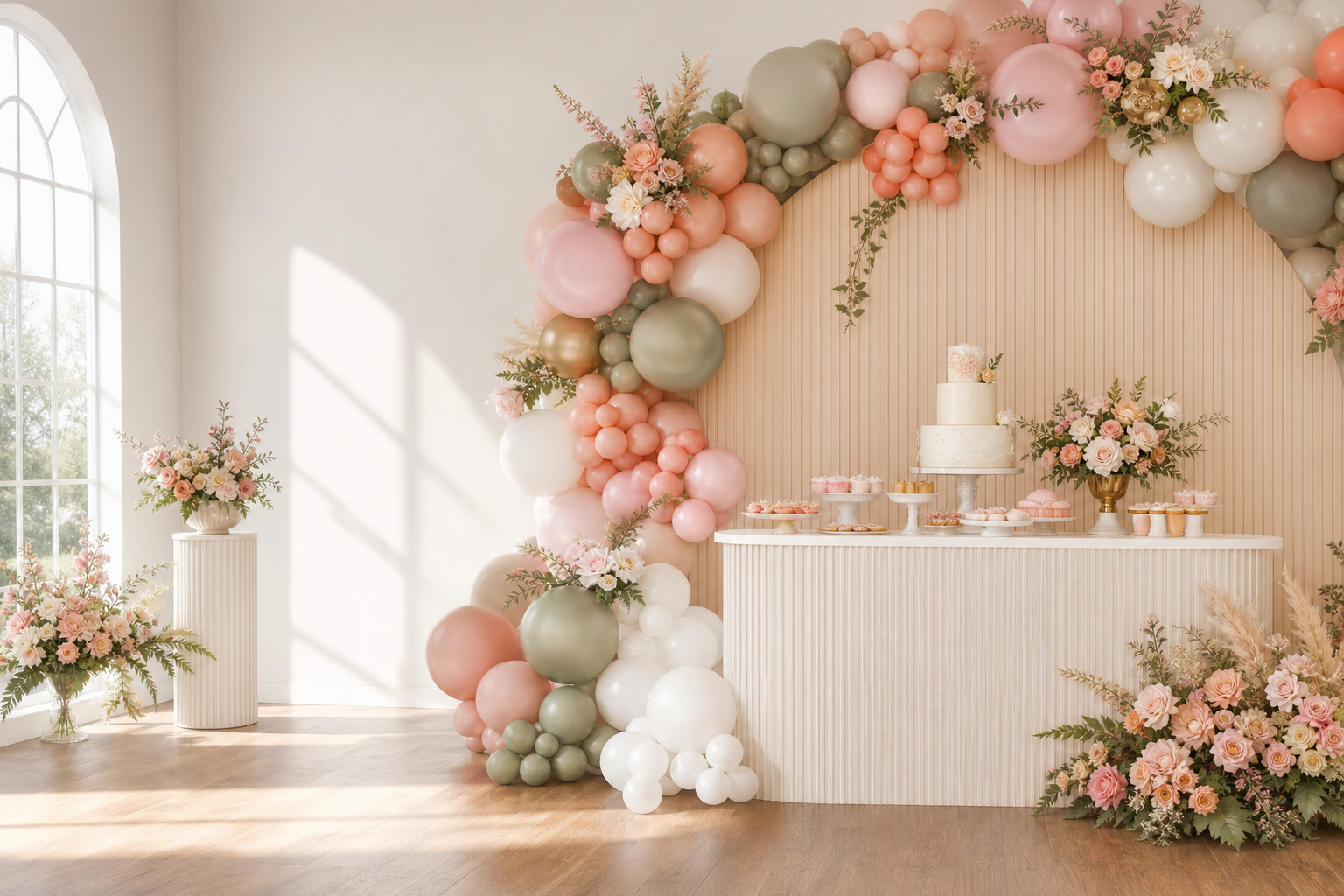 Elegant pastel balloon arch with a party display table